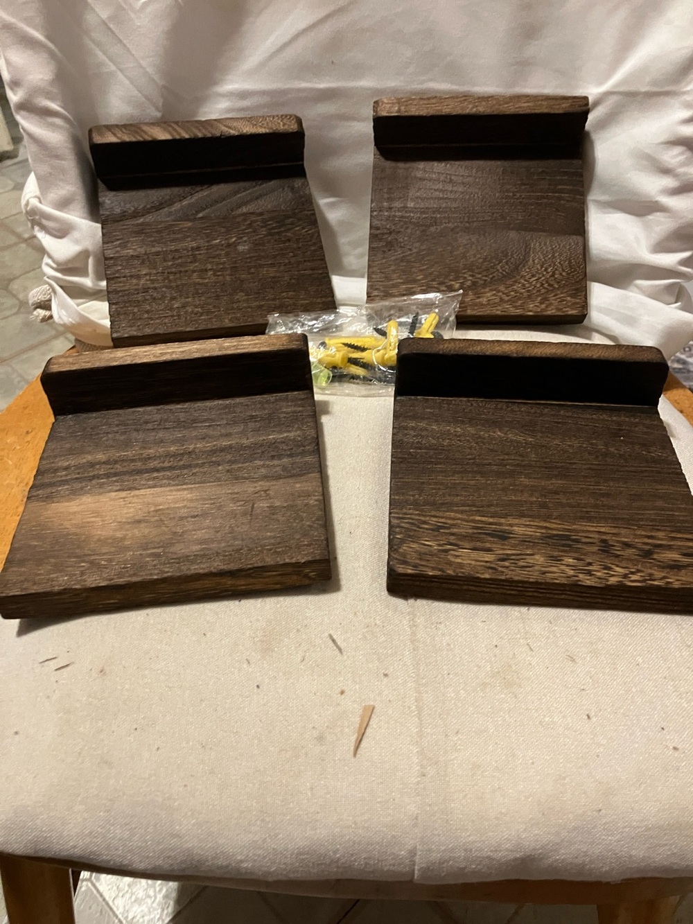 Like new. Set of 4. Wooden mini shelves. Each 4.5”-5” with screws to hang